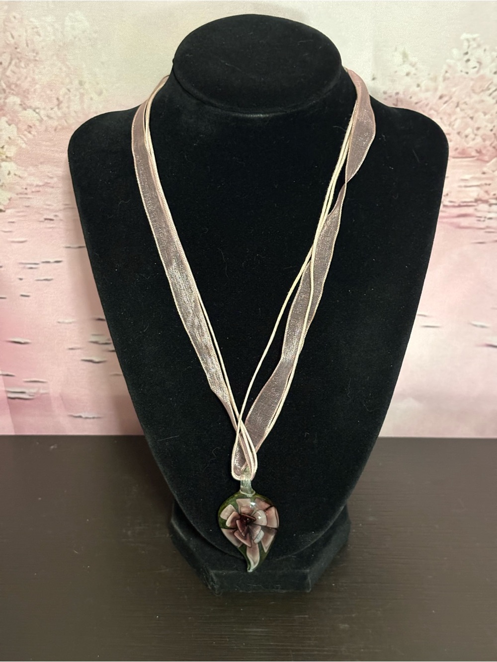 Murano style glass pendant pink floral design multi strand ribbon necklace PO